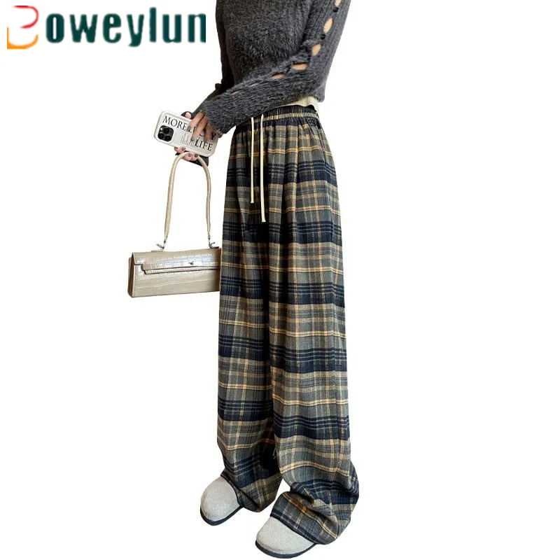 

Boweylun Retro Abrasive Plaid Pants Female Spring and Autumn High-waisted Lethargic Style Straight Wide-leg Trousers Women