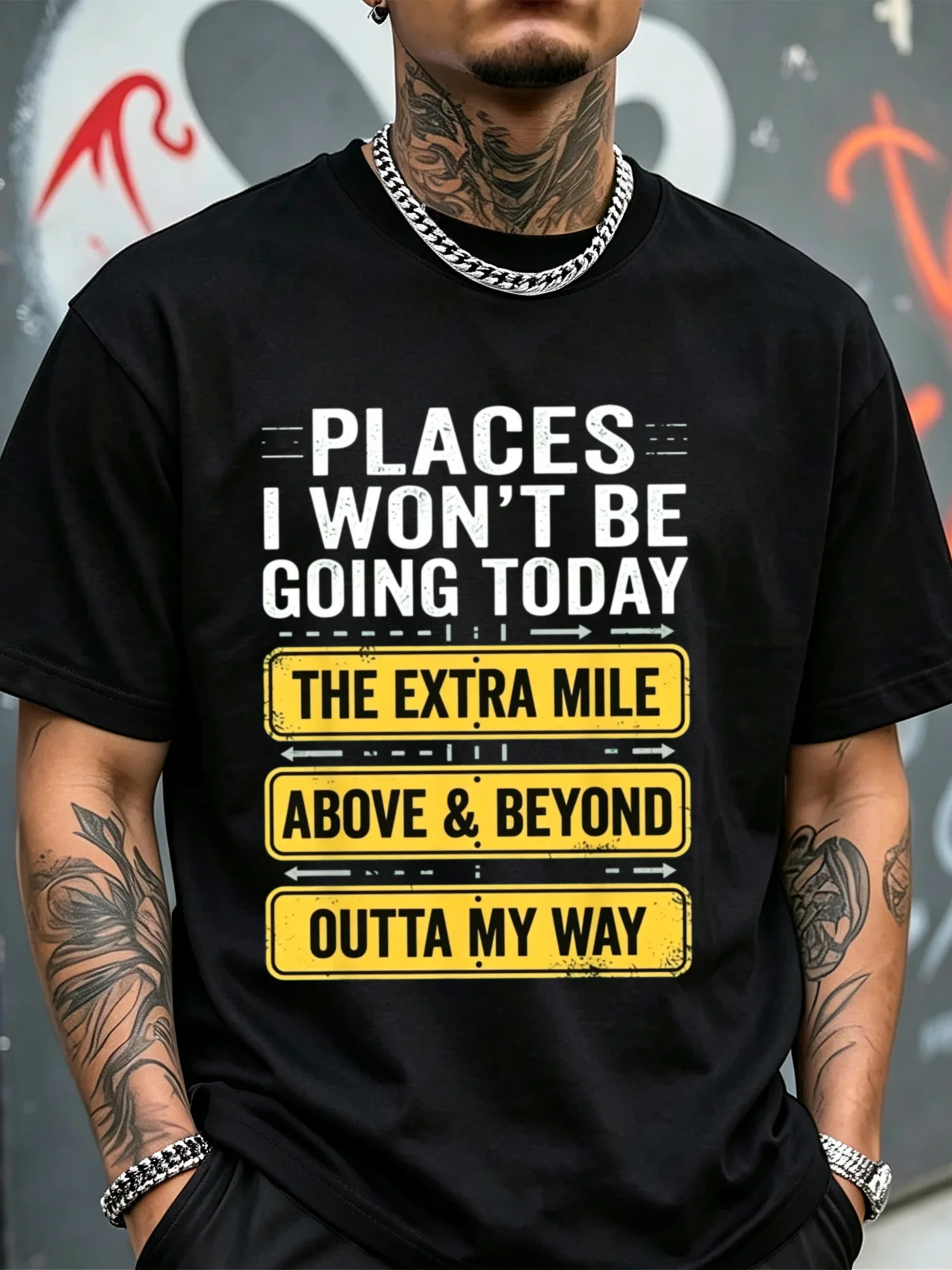 Men's Essential Black and White Crew-neck T-shirt Featuring A 'Places I'm Not Going Today' Graphic Print. Regular Fit; Comfortable, Casual, and Urban Style; Suitable for Year-round Wear; An Excellent Choice for A Holiday Gift.