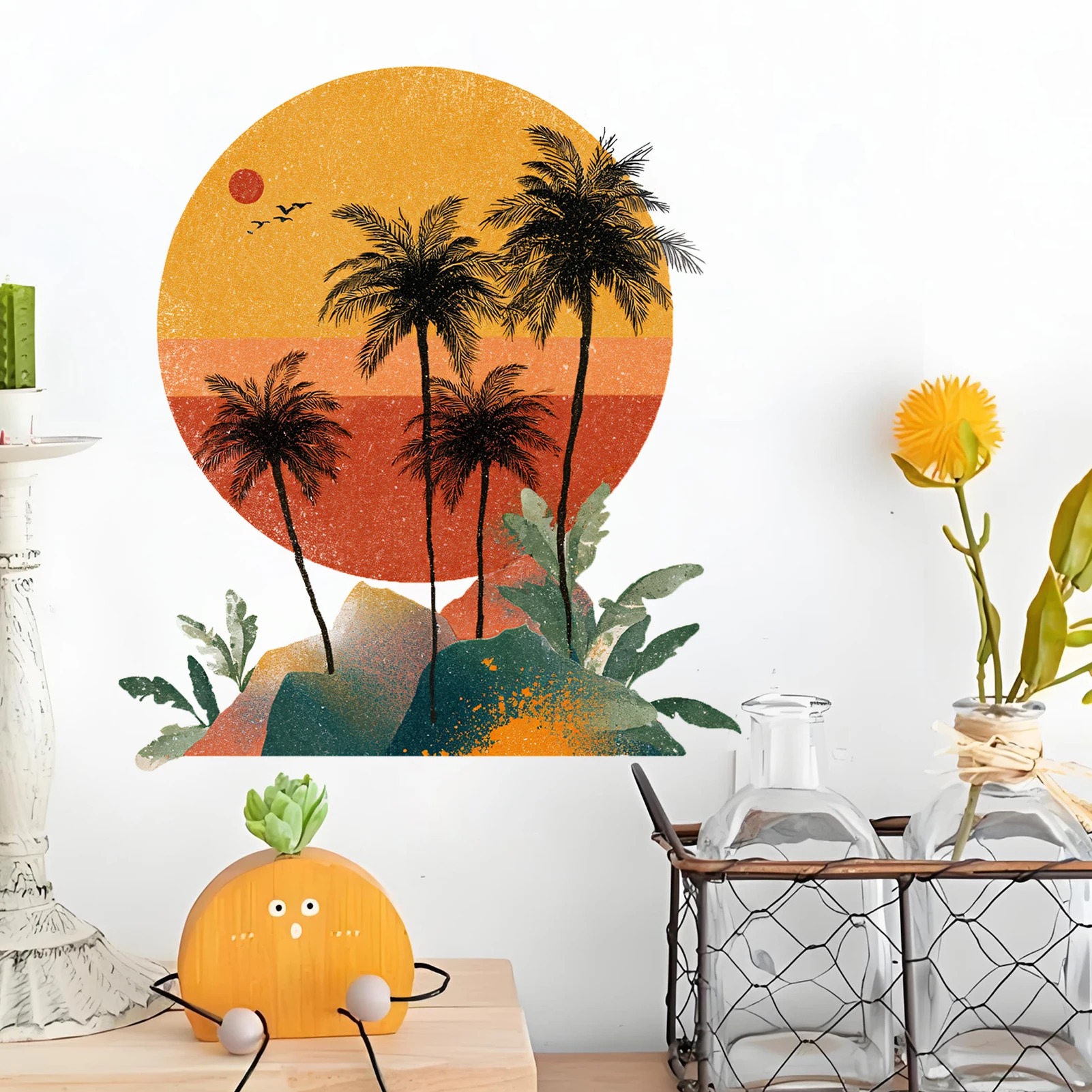 Retro Tropical Sunset Wall Decal, Boho Palm Tree Silhouette with Vintage Gradient Sky Vinyl Wall Sticker for Home Decor
