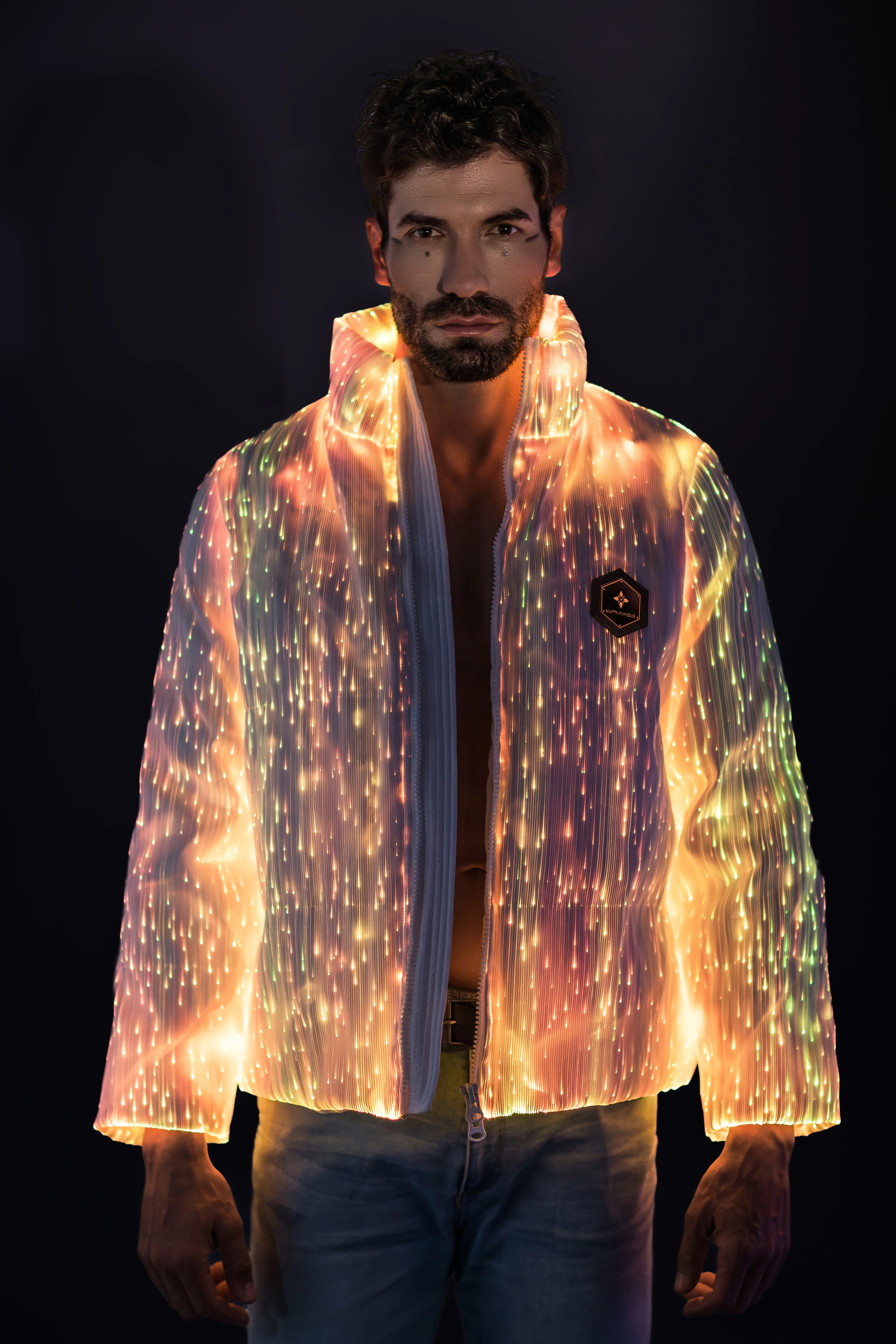 Men's LED Fiber Optic Light Up Puffer Jacket Luminous Glowing Down Coat for Rave Party Nightclub Performance