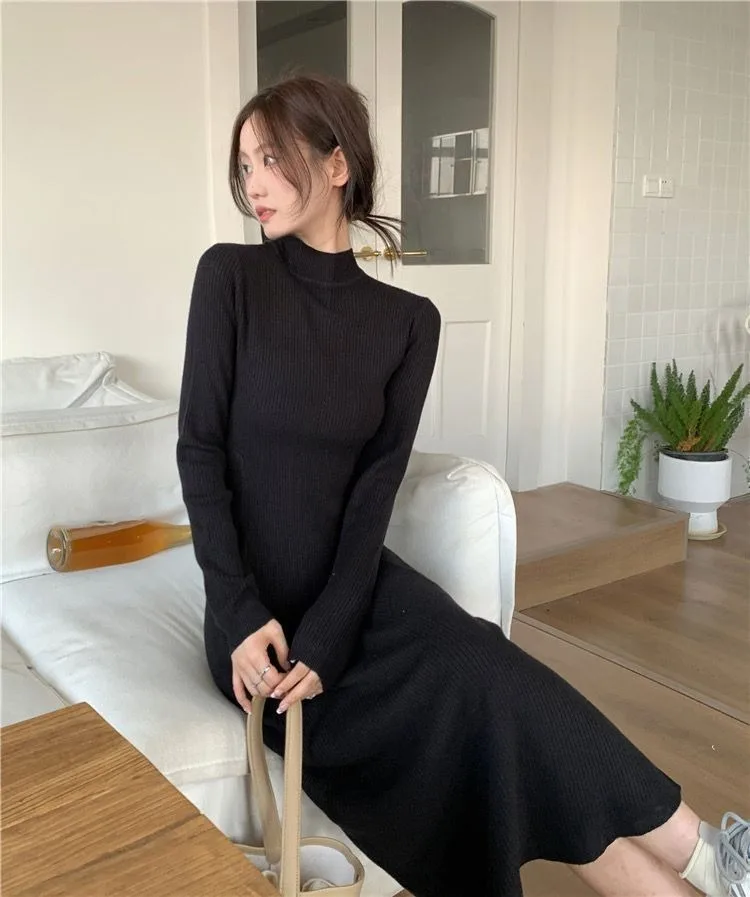 Feminino preto francês meados de bezerro a linha vestido de malha chique semi-gola alta emagrecimento manga longa quente em camadas outono inverno exclusivo