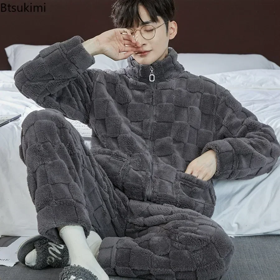 2024 Men\'s Thicken Warm Pajamas Sets Flannel 2 Piece Sets Sleepwear Male Autumn Winter Home Suit Soft Nightwear Pijama Loungewer