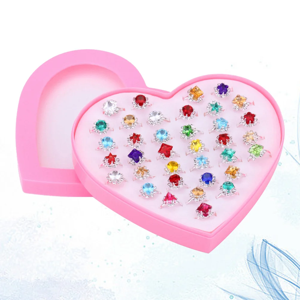 36pcs Crystal Children Rings Sparkle with Heart Shape Display Case for Kids Birthday Party Favors ()