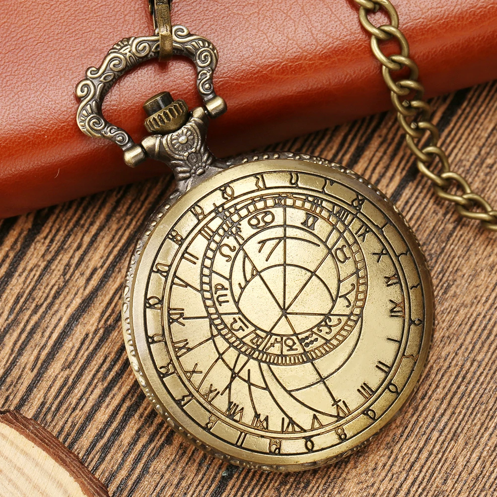 Zodiac Compass Pattern Bronze Retro Quartz Pocket Watches Men Women Necklace Watch Antique Pendant Gifts Reloj de bolsillo