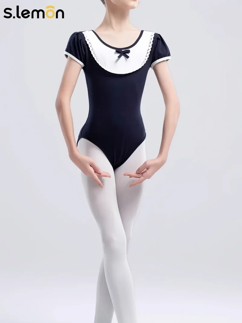 S.lemon Kinder Mädchen Tanztrikot aus Peru-Baumwolle im Lolita-Stil, Puppenkragen, Puffärmel, Ballett, Gymnastik, Übungsoutfit