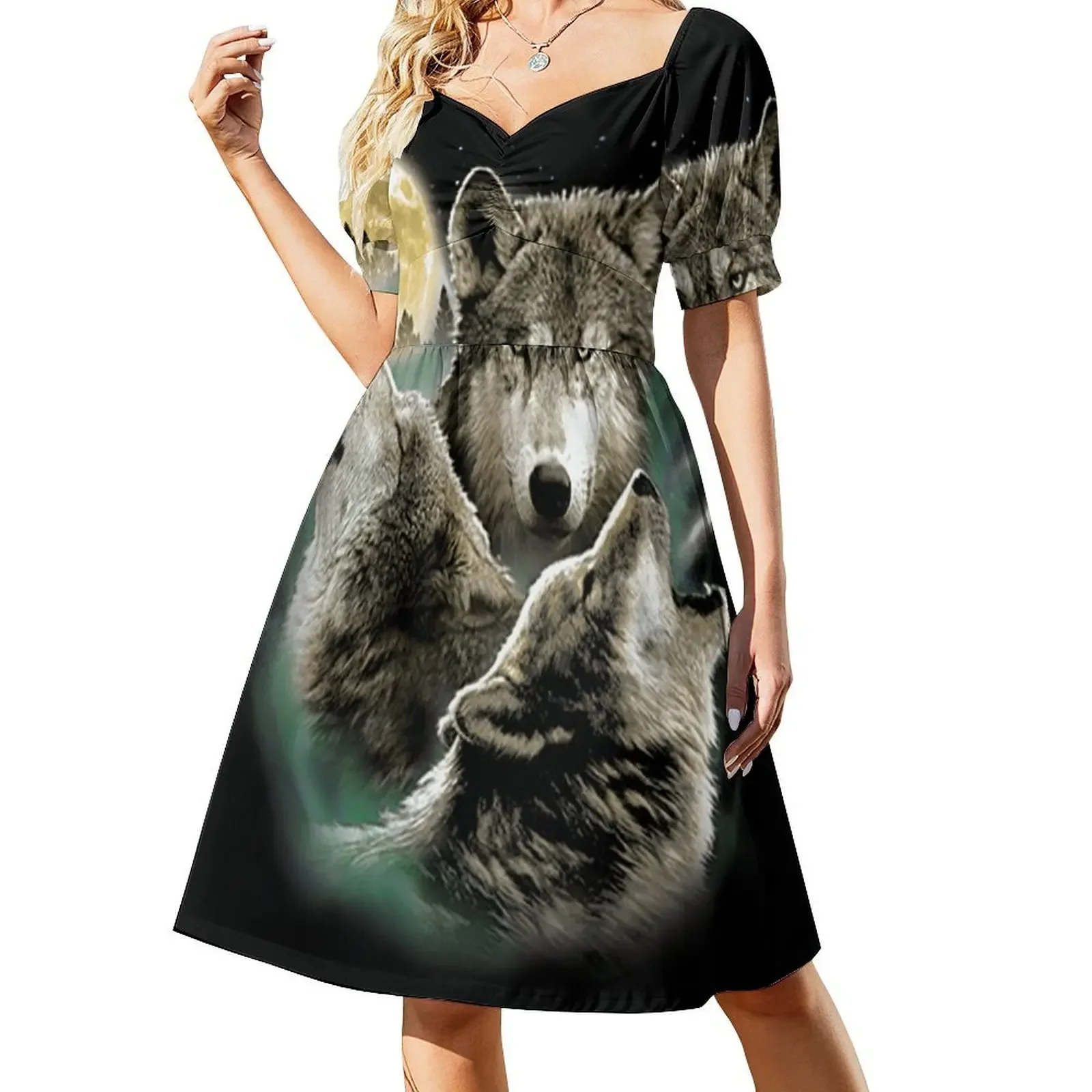 

Three Wolves Howling in Moonlight Short-Sleeved Dress Women's dress loose summer dress summer