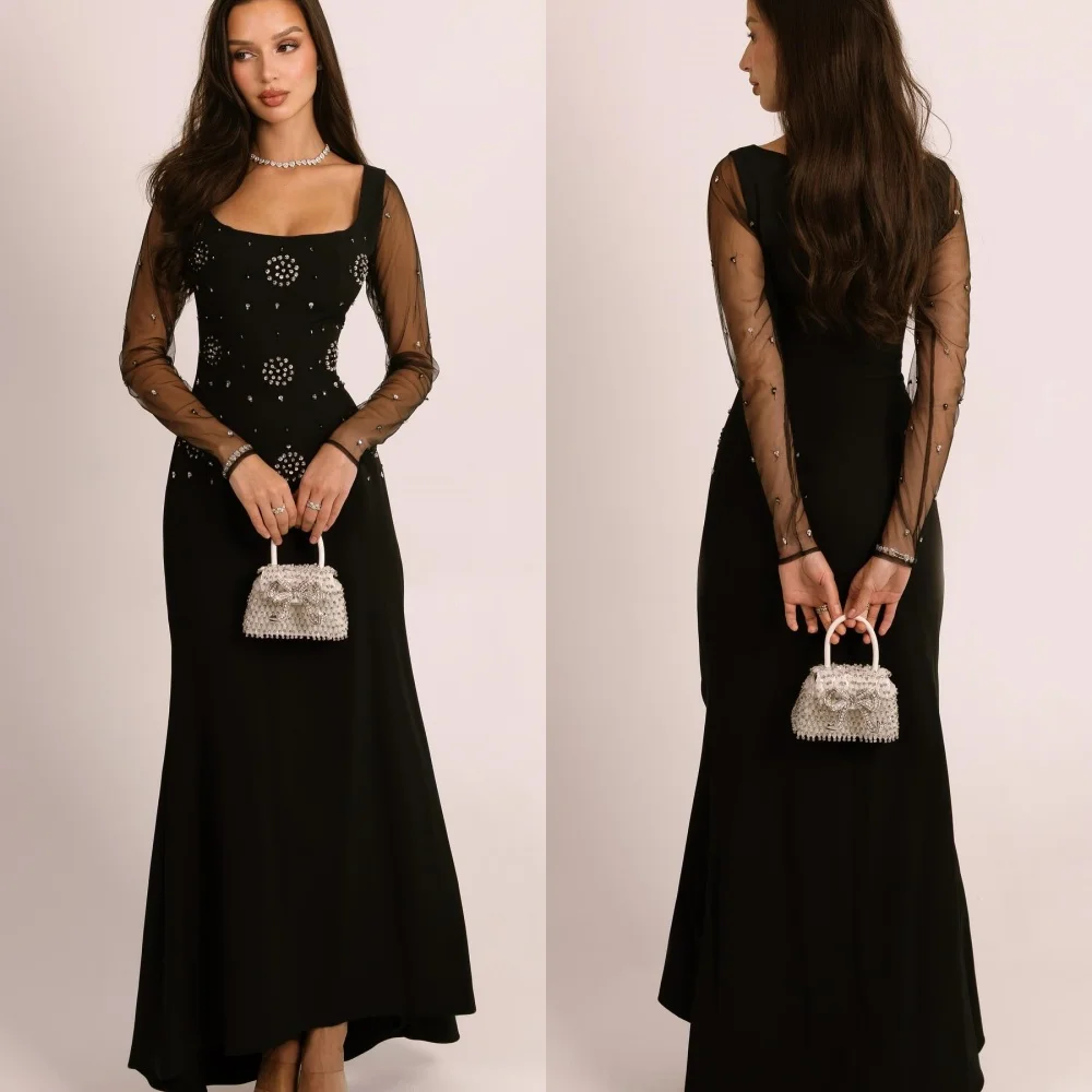 

Customized Modern Style Matching Jersey Rhinestone Pleat Column Square Neck Long Dresses Bespoke Occasion Dresses Classic Retro