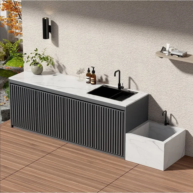 Outdoor Slate Washbasin with Aluminum Honeycomb Cabinet Integrated Patio Sink for Villa Pool Garden Modern Outdoor Vanity