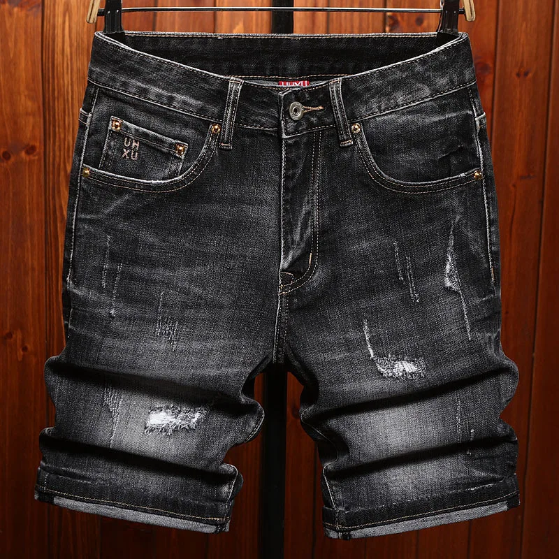

High street denim shorts for men in summer, slim fit straight leg, torn hole patch, scraped retro five quarter horse pants