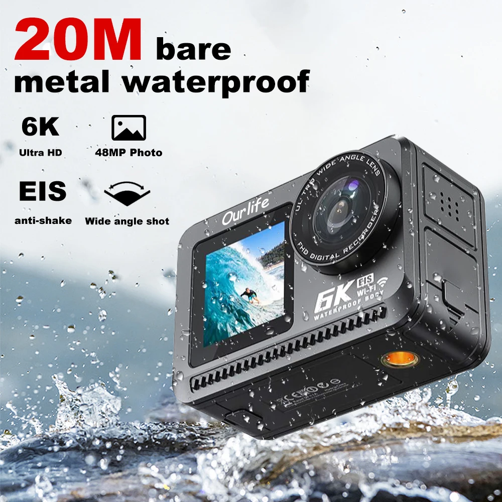 6K Action Camera Sony IMX576 Lens EIS 8X Zoom 48MP WiFi Dual Screen 20M Bare Metal Waterproof Sport Camera Sports DV Portability