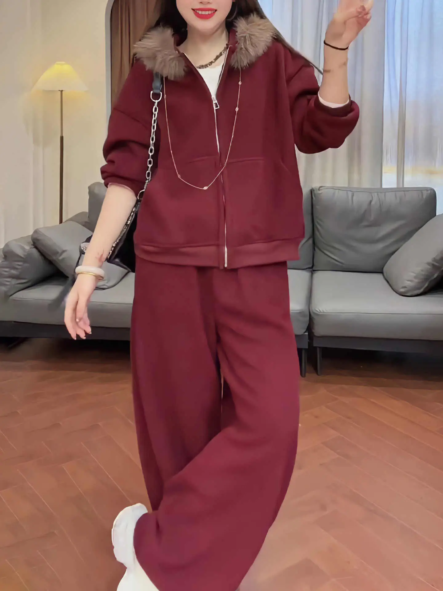 

Sli High Waist Wide Leg Pants Women's Two-Piece Set Faionable Hoodie Pure Color Sweatirt Winter New Arrival