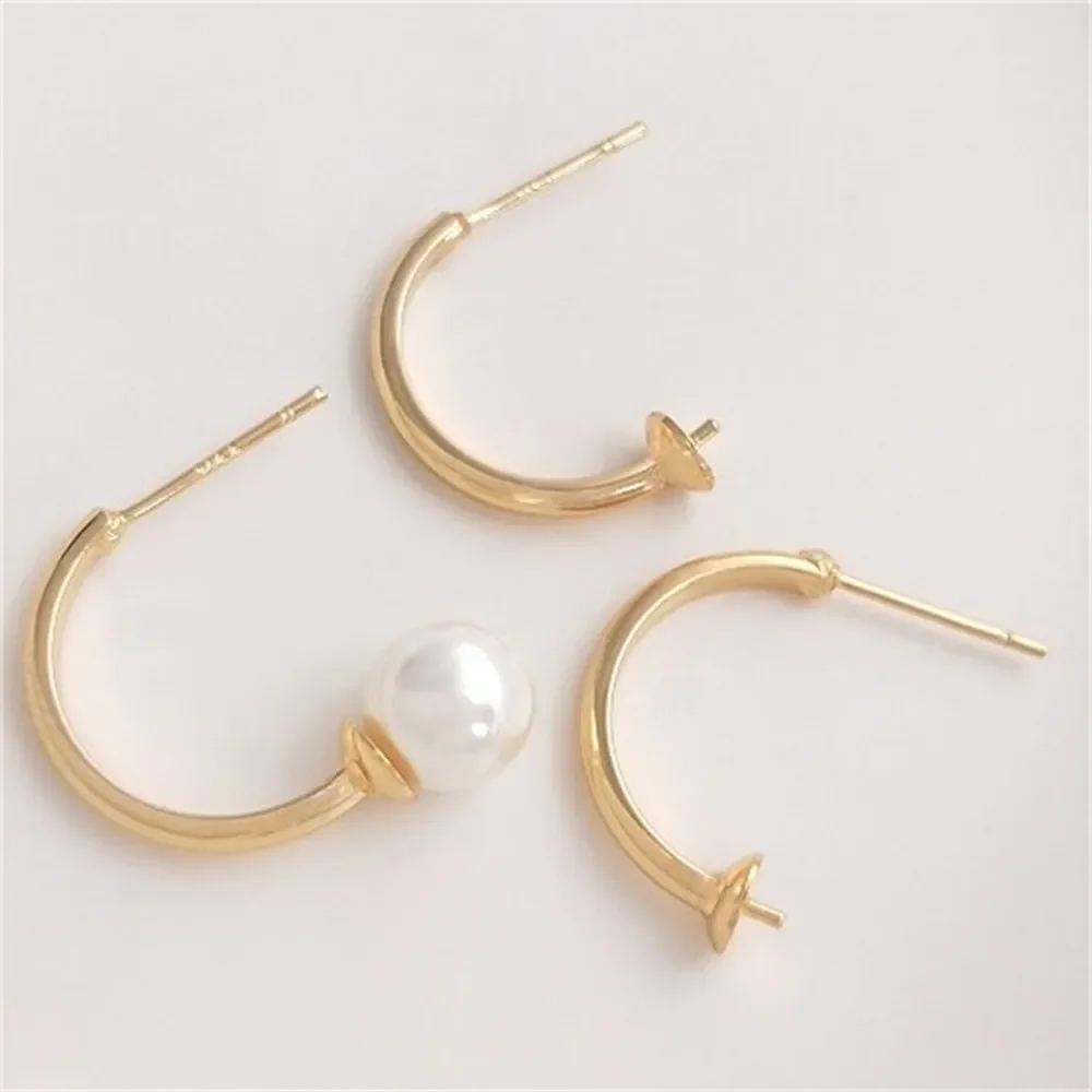 14K Gold-plated C-shaped Half Hole Pearl Earrings S925 Silver Needle Handmade DIY Adhesive Bead Earring Jewelry Material E160