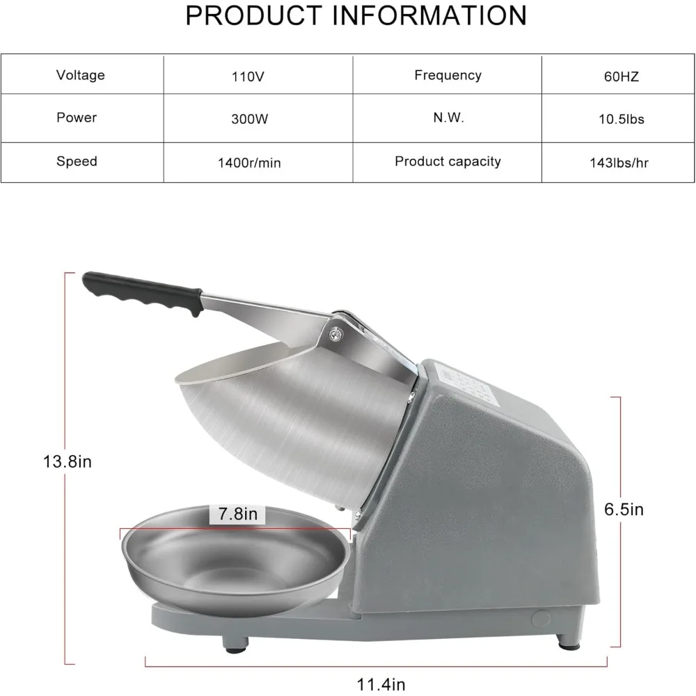 Haoyunma Geschaafd Ijs Machine Elektrische Ijs Crusher Dubbele Deksel 110V 300W Roestvrij Staal Dual Messen Sneeuwkegel Machine Grijs 143Lb