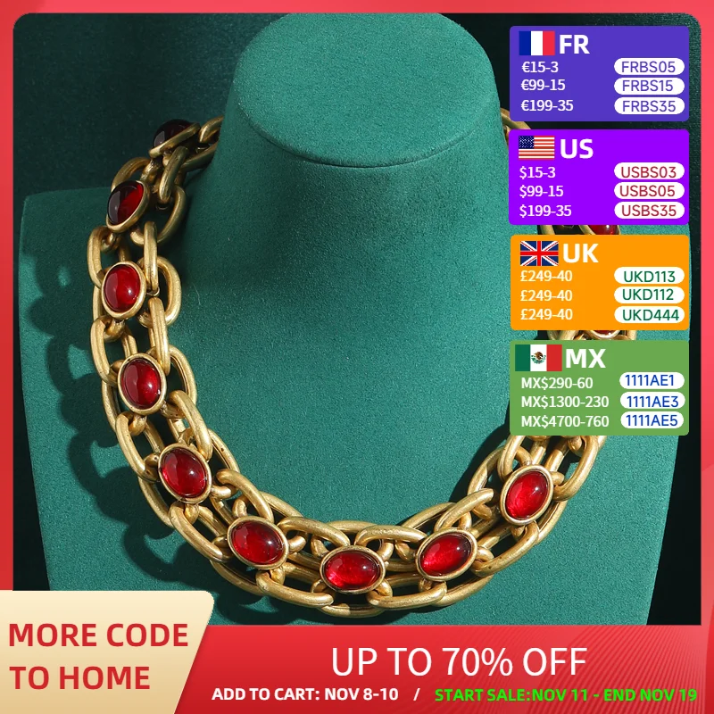 

Vintage Red Glaze Large And Exaggerated Necklaces Collar Choker Gold Color Chain Heavy Chunky Statement Accessories For Women