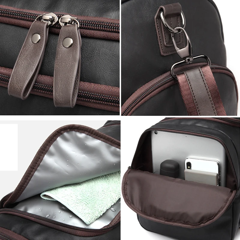 PU Leather Large Capacity Men Fitness Bag Dry Wet Separation Travel Bag Waterproof Crossbody Shoulder Bag with Shoe Compartment