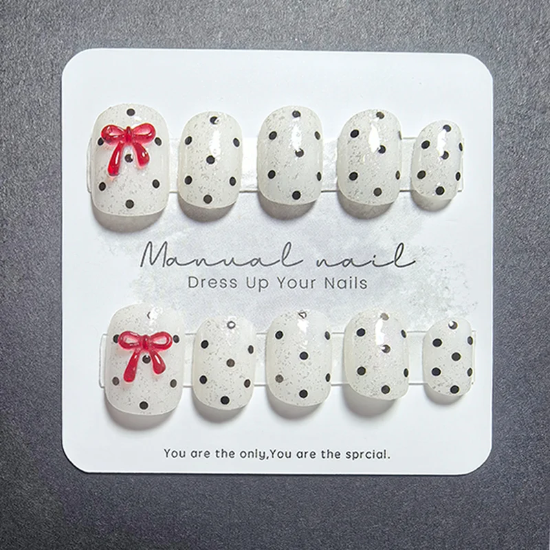10Pcs Square Round Press on Nails with Mirror Powder, Polka 