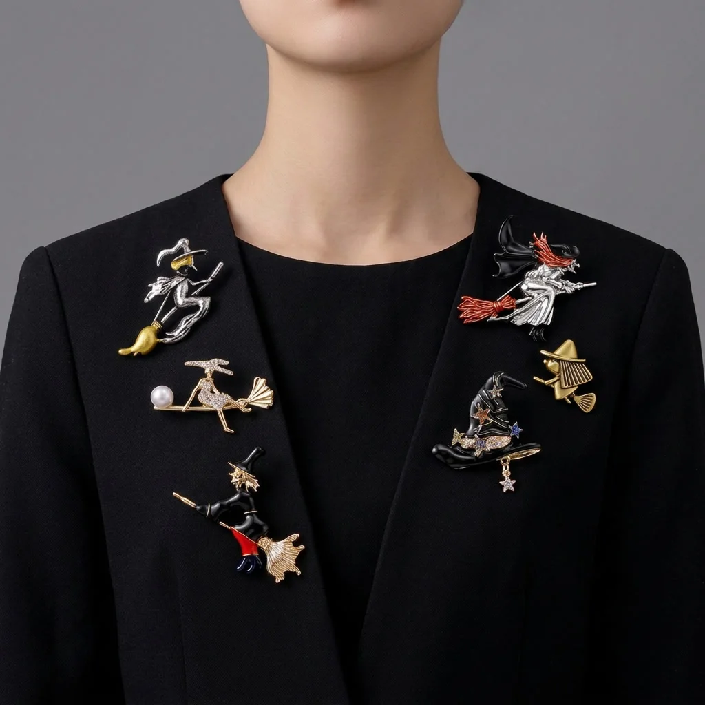 Halloween Enamel Witch Brooches for Women Unisex Trendy Festive Figure Pins Casual Party Jewelry Accessories Gifts Decoration