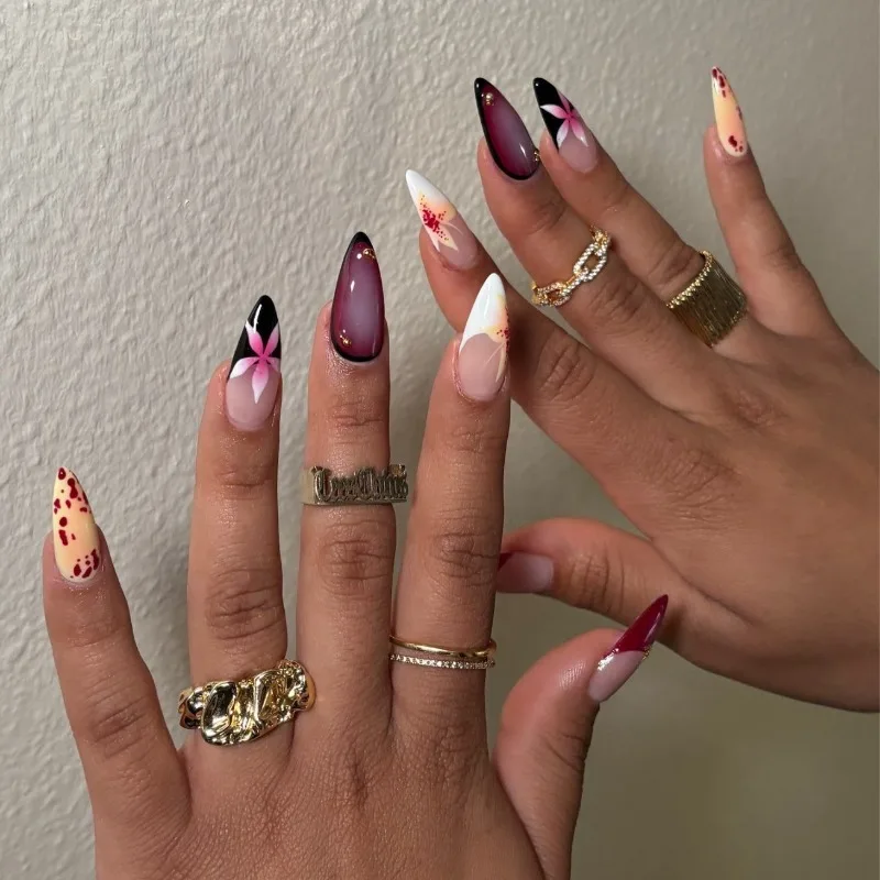 

24PCS Pink Flowers Press on Nails Smudge French Black White Edge Fake Nails European American Hot Girl Removable Nails for Women