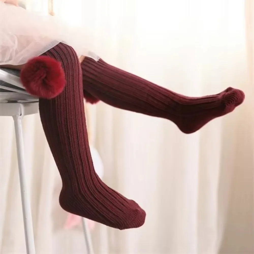 Cozy Thick Knee High Socks Solid Color Fuzzy Pom Pom Warm Winter Socks Decorative Knit Texture Stacking Socks Winter Season