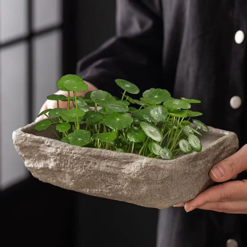 Hydroponics Pots Plants Luxury Rectangular Indoor Ceramic Planters Hydroponic Cultivation Stone Imitation Planters Home Decor