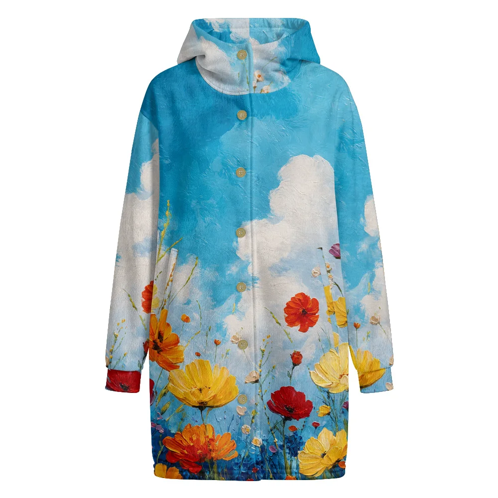 Women Floral Print Hooded Trench Coat Collection with Button Front Gradient Vibrant Patterns for Autumn Winter Fashion Outerwear