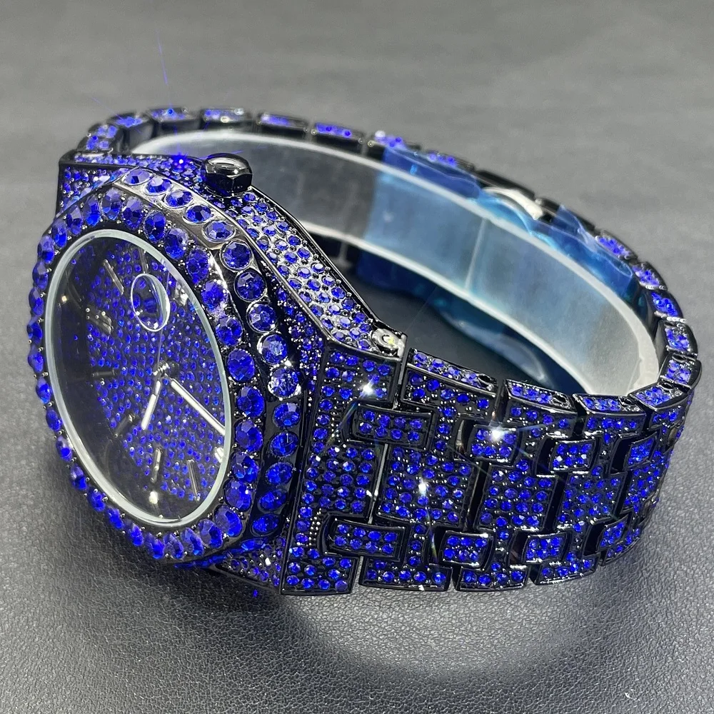 2024 Hip Hop Mens Quartz Watches MISSFOX Automatic Date Iced Wristwatch Fashion Blue Diamond Jewelry Watch For Man Free Shipping