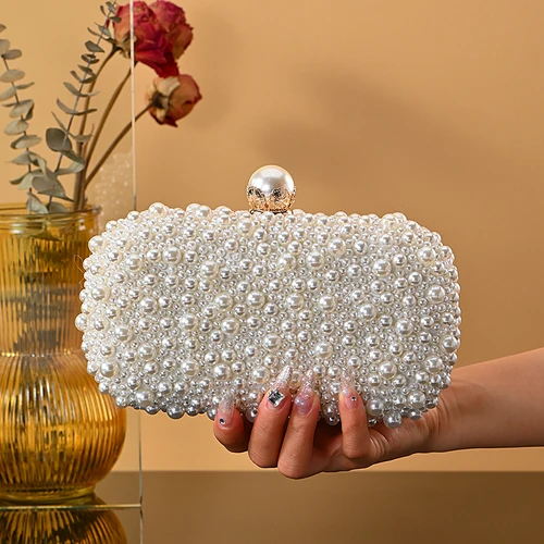 Bolso de noche de boda hecho a mano de lujo, bolso de hombro con cadena, bolso de mano con cuentas, bolso de perlas artificiales para fiesta de boda