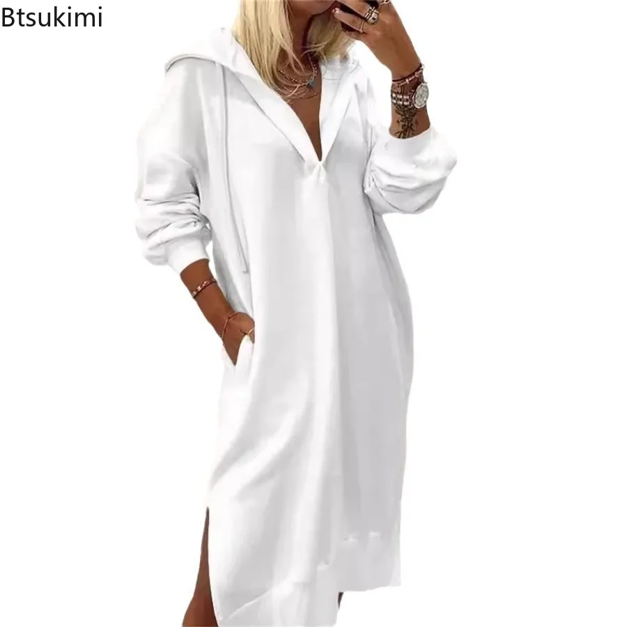 2025 Women Knitted Hooded Sweatshirt Drawstring Long Sleeve Side Split Hem Pullover Dress Female Fashion Casual Dresses Clothes