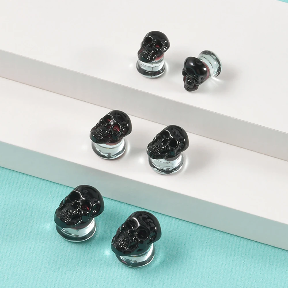 2 قطعة التابوت الأسود والجمجمة متوهج الأذن الأنفاق المقابس قوس قزح جولة المتوسع نقالات الأذن مقاييس ثقب مجوهرات للجسم