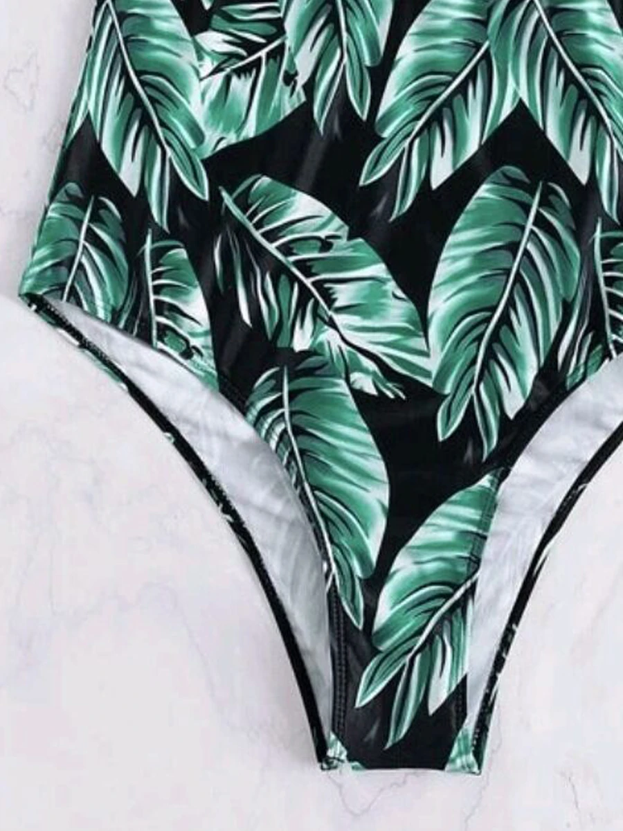 V Wire Mesh Tape Swimsuit 2023 One Piece Sexy Swimwear Women Leaf Printed Bathing Suit Female Padded Swimming Beachwear Bodysuit