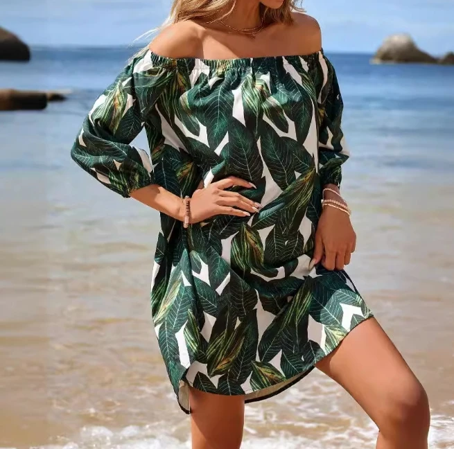 

Women's Dress Summer Vacation Sweet Pullover Leaf Print Off the Shoulder Three Quarter Sleeve Loose Fit Straight Mini Dress