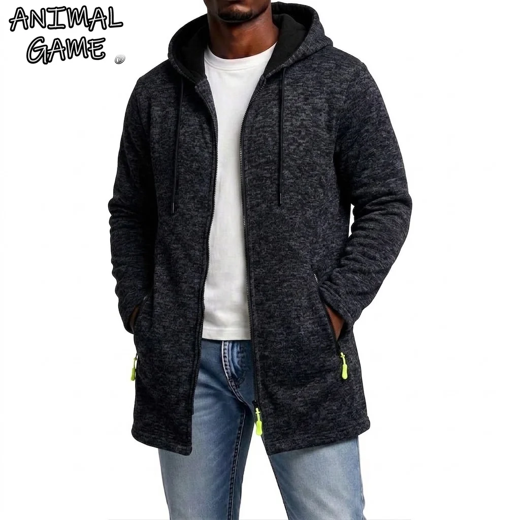 Neuer Herren-Hoodie mit Reißverschluss, lässiger mittellanger Sweatshirt-Fleece-Mantel, warmer Winter-Kapuzenmantel mit Reißverschlusstaschen.
