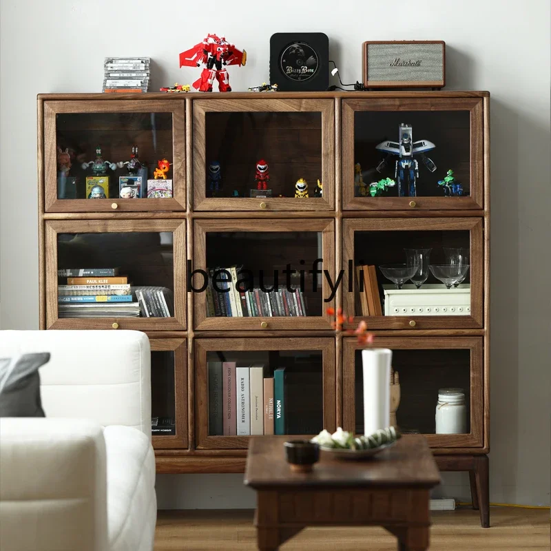 

B7304 Шкаф с клапаном из цельного дерева и стекла, комбинированный шкаф для хранения фигурок из черного ореха, витрина из ротанга, обеденный боковой шкаф