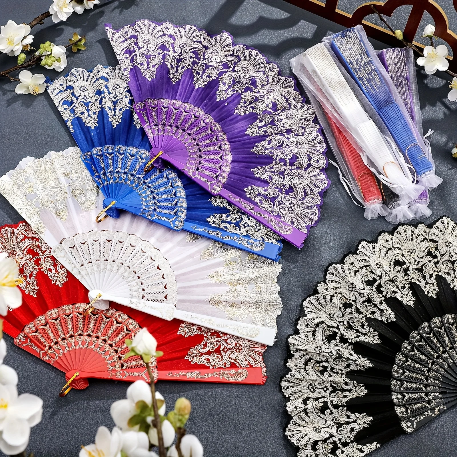 50pcs Vintage European Retro Hand Lace Foldable Fans with Organza Bags - Bridal Wedding Party Favors, Tea Party Decor, Multicol