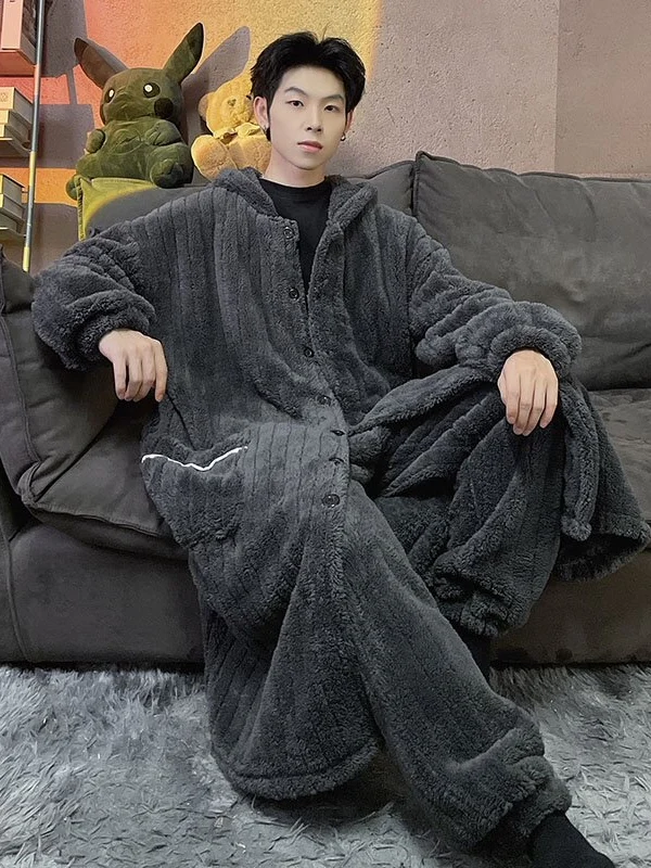Men's Coral Fleece Flannel Robe Oversize Extra Large Autumn Winter Padded Sleepwear Long Loose Comfortable Home Bathrobe
