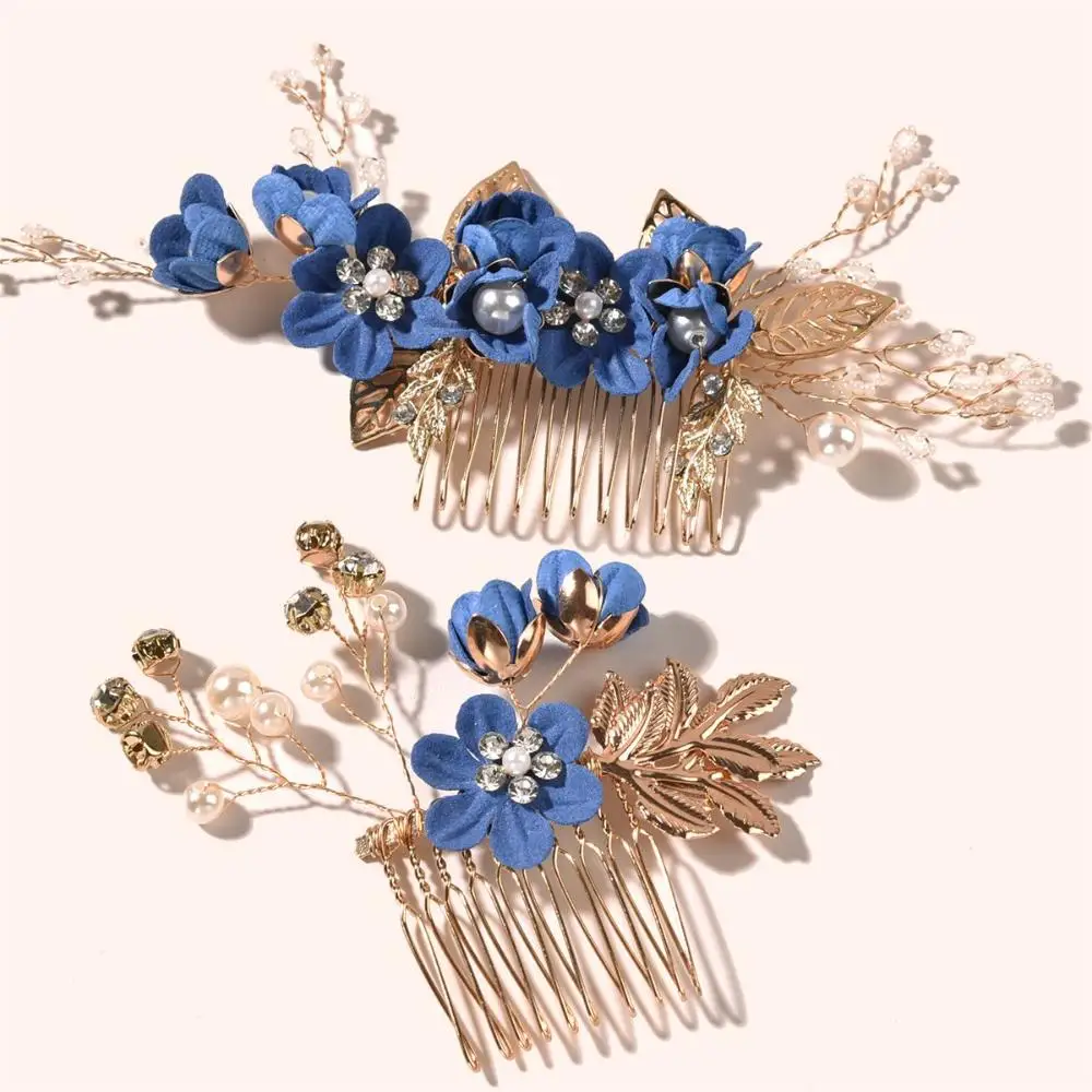 Romantic Crystal Crown Bride Hair Jewelry Leaves Tiara Bridal Clips Blue White Flower Hair Pin Hair Combs