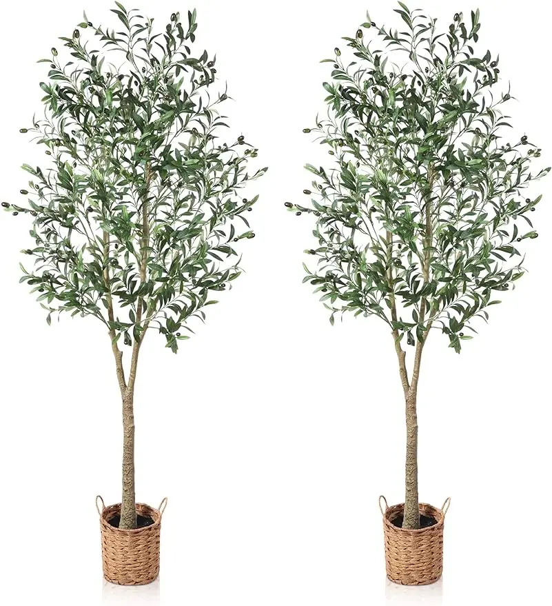 Artificial Olive Tree 4/5/6/5ft Tall Fake Plant, Faux Olive Tree Topiary Silk Trees with Handmade Woven Basket Planter(Set of 2)