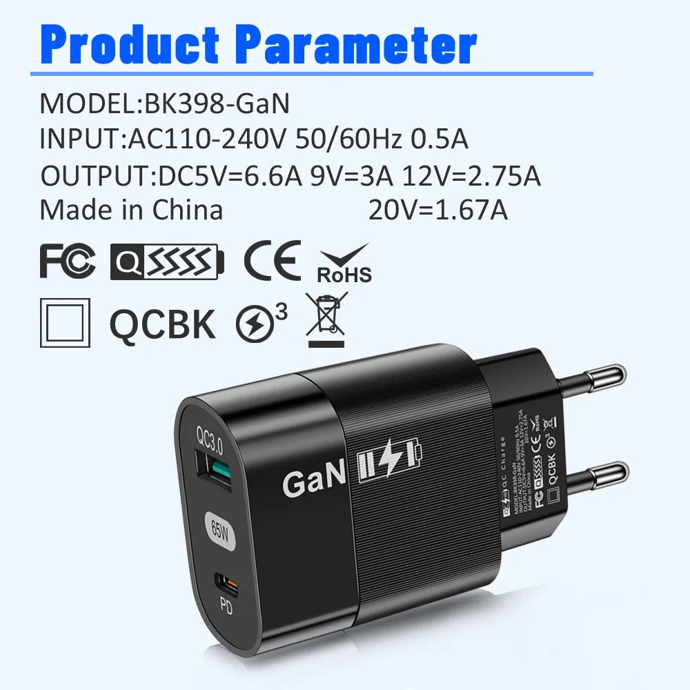 GaN зарядное устройство для телефона PD33W + USB QC3.0 33W = 65W Type-C Быстрая зарядка 5V/6.6A 9V/3A 12V/2.75A 20V/1.67A Макс адаптер США/ЕС/штепсельная Вилка стандарта Великобритании