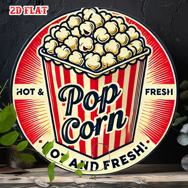 2D Flat - One-Piece Flat 2D Sign, Round Cinema-Themed Metal Sign, 7.8X7.8-Inch Popcorn Sign - Rustic Wall Art for Snack Time, Su