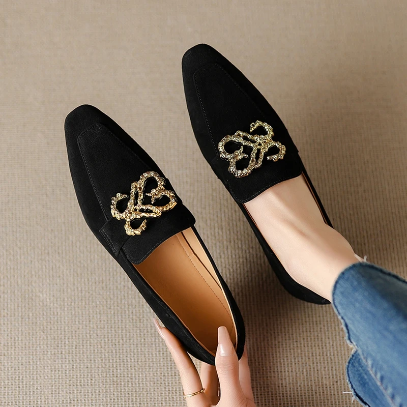 Women's new spring and autumn square toe genuine leather sheep suede metal accessories low heel casual single shoes
