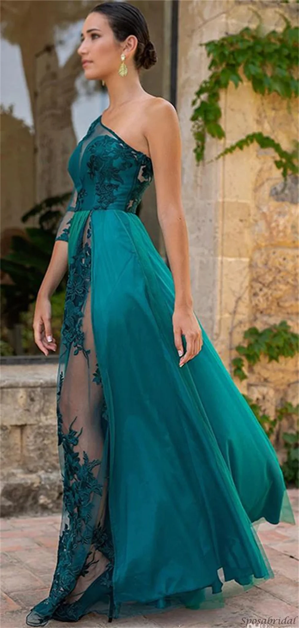 Cathy Elegant One Shoulder A-line Vestidos De Noche Lace Embroidery Prom Dress 2023 Sexy One Sleeve Side Split فساتين السهرة