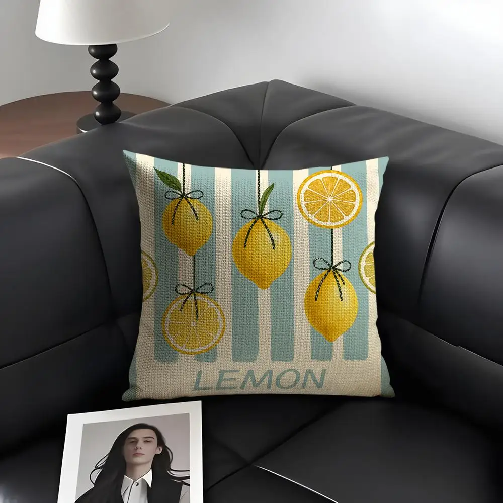 Striped Sunshine Lemon Cushion Cover Natural Linen Organic Fabric Double-Sided Printing Breathable Perfect Gift For Decor