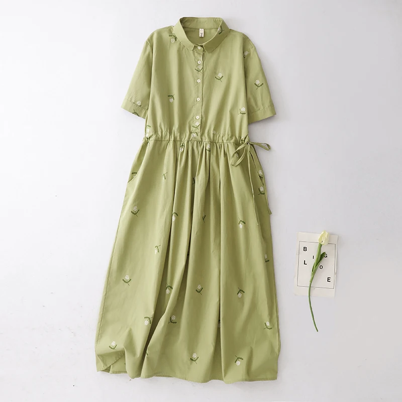  Forest System Waist Cinching Dress Cotton Linen Floral Belt Design Slimming Artistic Drawstring Waist Long Dress