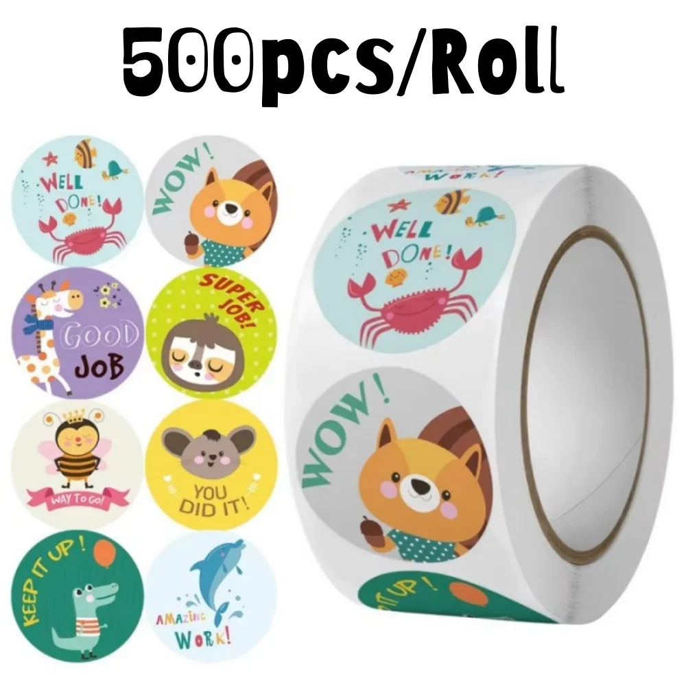 500pcs/roll Animal Cartoon Stickers Cute Round Patterns Sealing Paster for School Reward Teacher Supplies Photocard Decor Lables