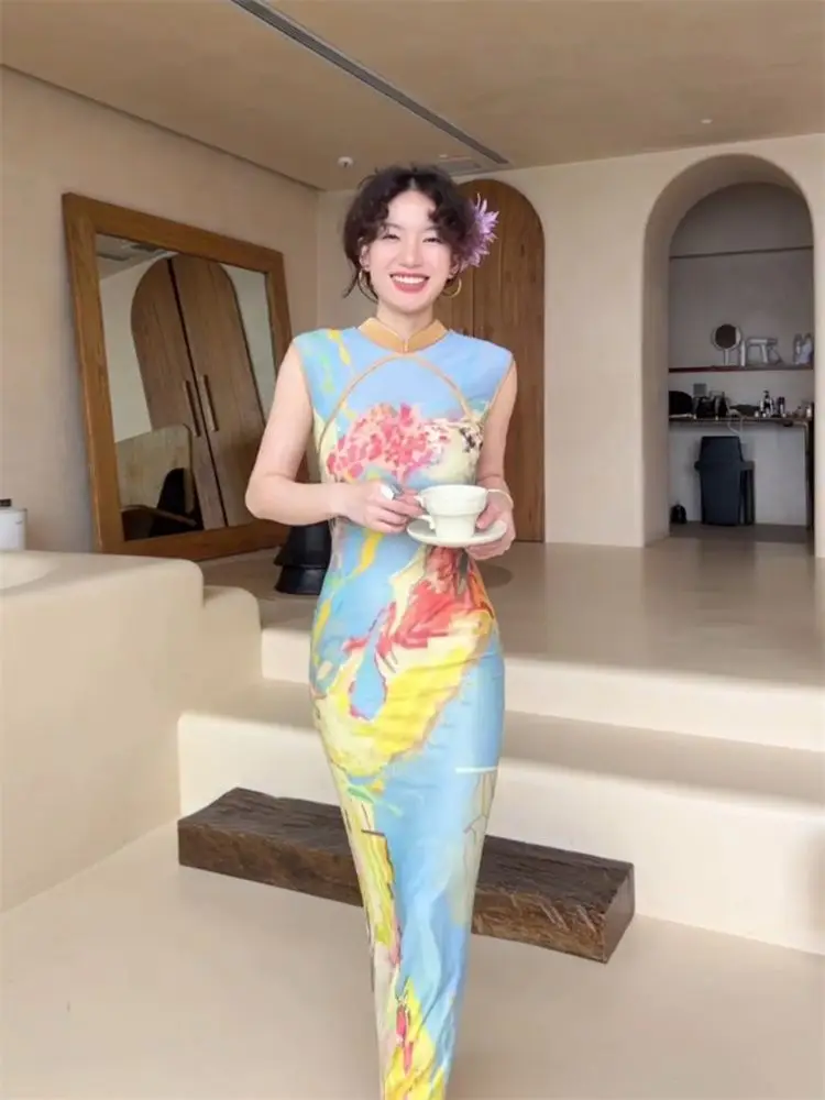 Women's Midi Long Dresses Sleeveless Bodycon Slim Elegant Summer Chinese Cheongsam Style Printed Dress y2k maxi boho vestidos