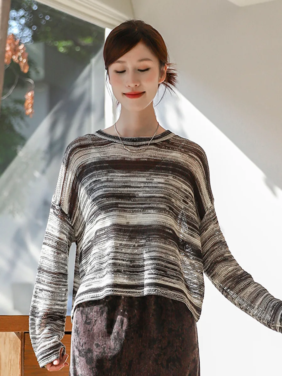 Vintage Gradient Dyed Red Knit Sweater Women Spring Autumn O-neck Loose Sunscreen Cover Up Chic Casual Versatile Commut Blouse