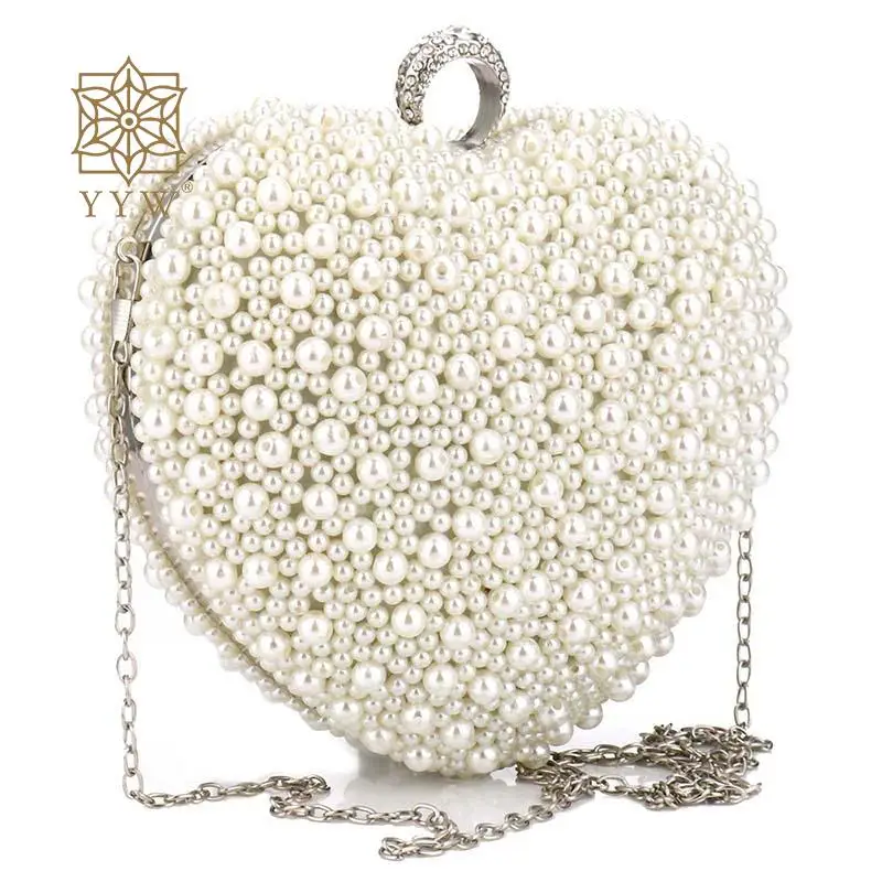 White Pearl Love Heart Clutch Handbag Bridal Wedding Party Prom Messenger Purse Women Crossbody Shoulder Chain Evening Girl Bags