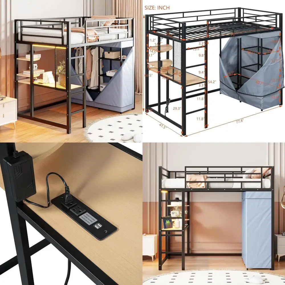 twin size loft bed with desk, led lights, charging station, metal frame, wardrobe & storage