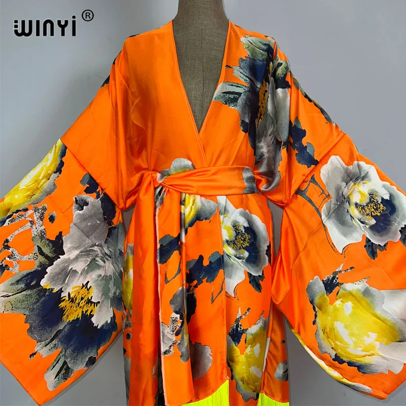 WINYI kimono moda boho letnie stroje plażowe letnie artystyczny nadruk osłona do Bikini sweter seksowne wakacje z długim rękawem sukienka z frędzlami