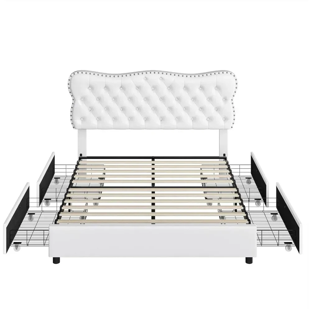 Queen Size Bed Frame with 4 Storage Drawer, Upholstered Platform Beds Frames with Button Tufted Headboard, Queen Bed Frame